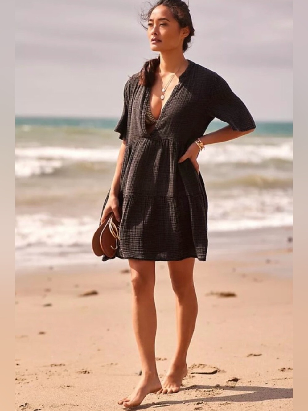 Anthropologie ‘Kallie’ Airy Cotton Gauze Summer Mini Tunic Dress Black Size XS